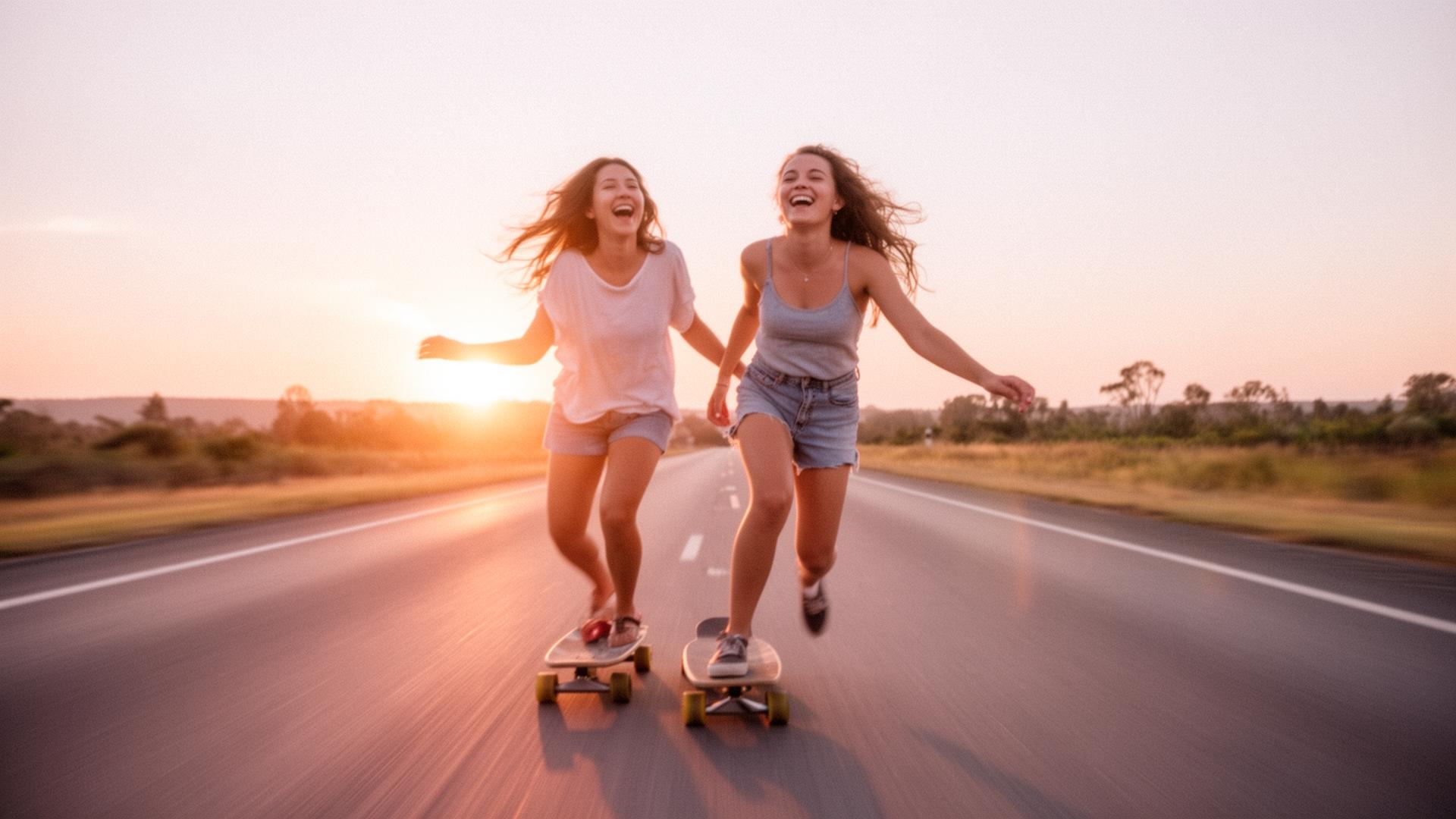 Ženy na surfskatech při západu slunce